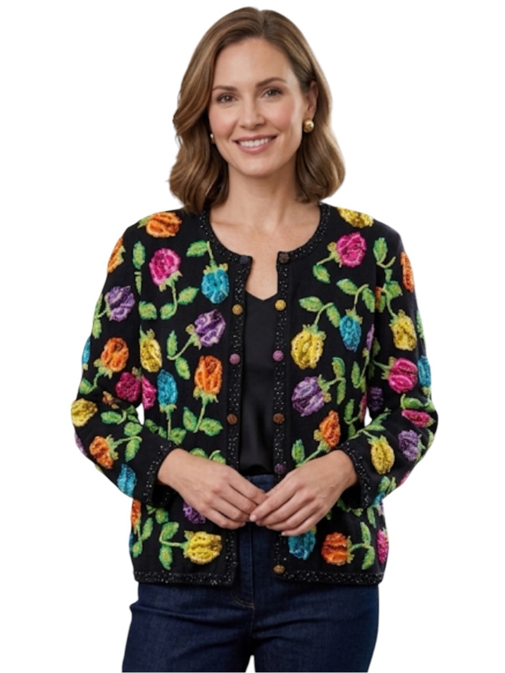 Vintage just B Beaded Rose Cardigan Sweater Black Floral Sequined Knit Small
K